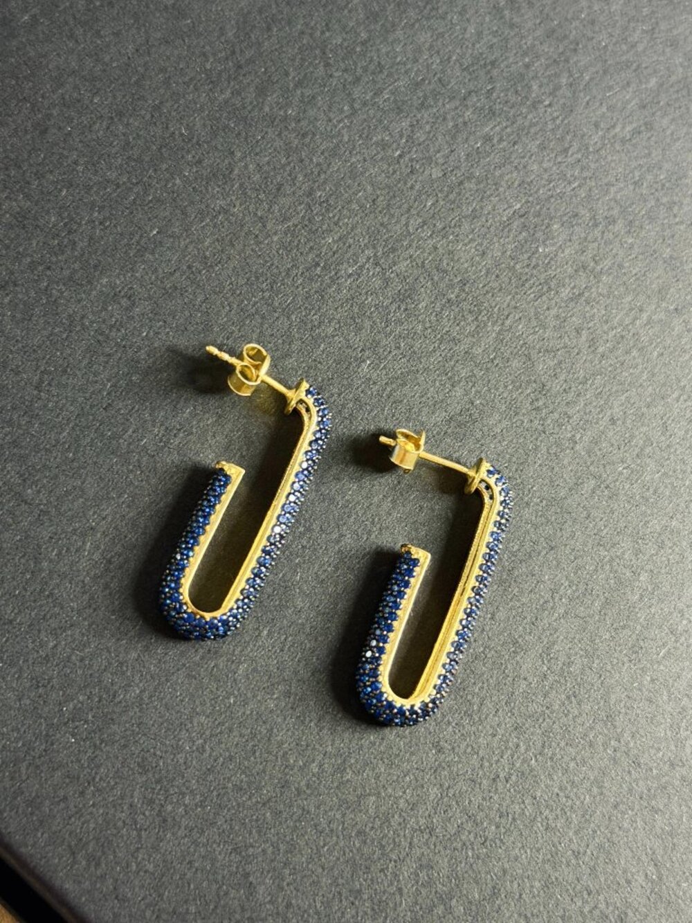 MARLYN SCHIFF - Gold Tone Blue CZ Rectangular Hoop Earrings Micro Pavé Jewelry